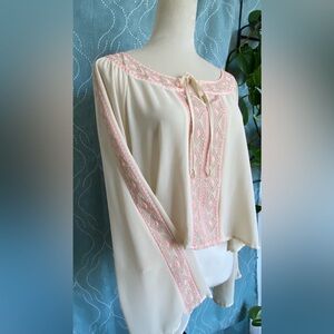 Blu Pepper Sheer Cream Pink Embroidered Long Sleeve Blouse Tie Front
